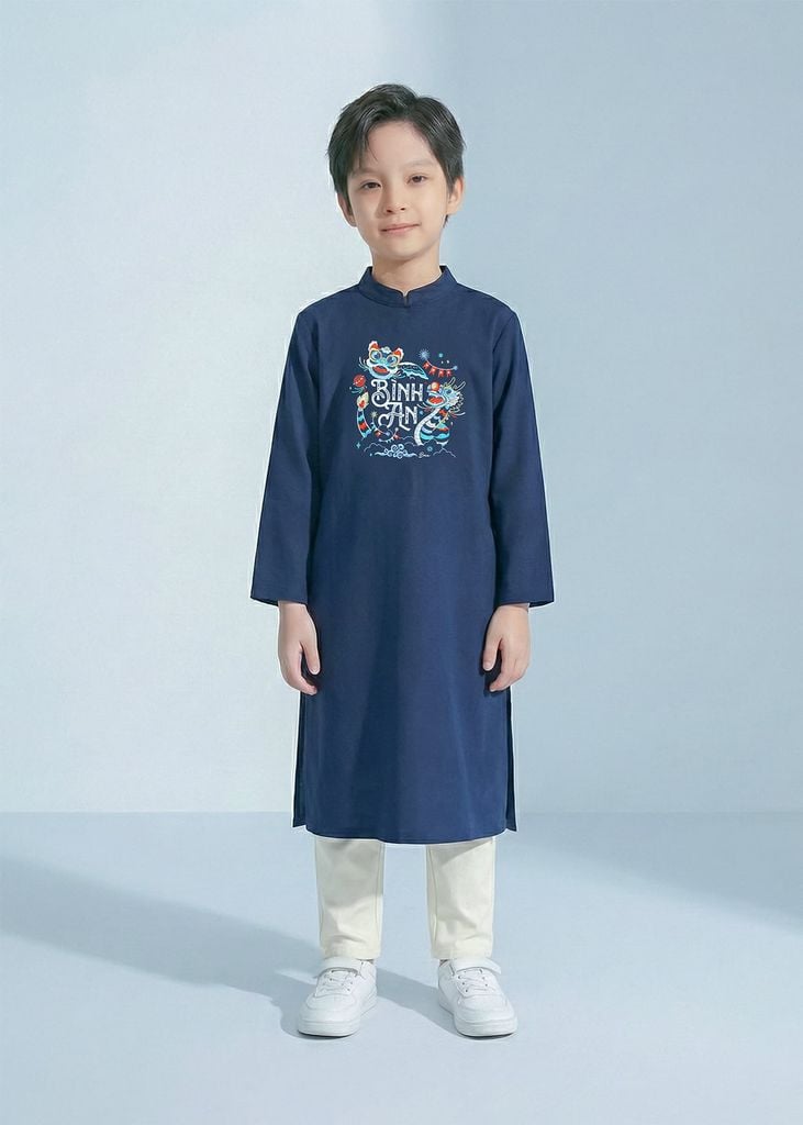 Set Áo Dài Thêu Cao Cấp Bé Trai Xanh Bình An