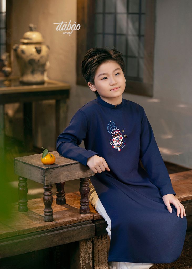 Set Áo Dài Thêu Cao Cấp Bé Trai Xanh Múa Lân