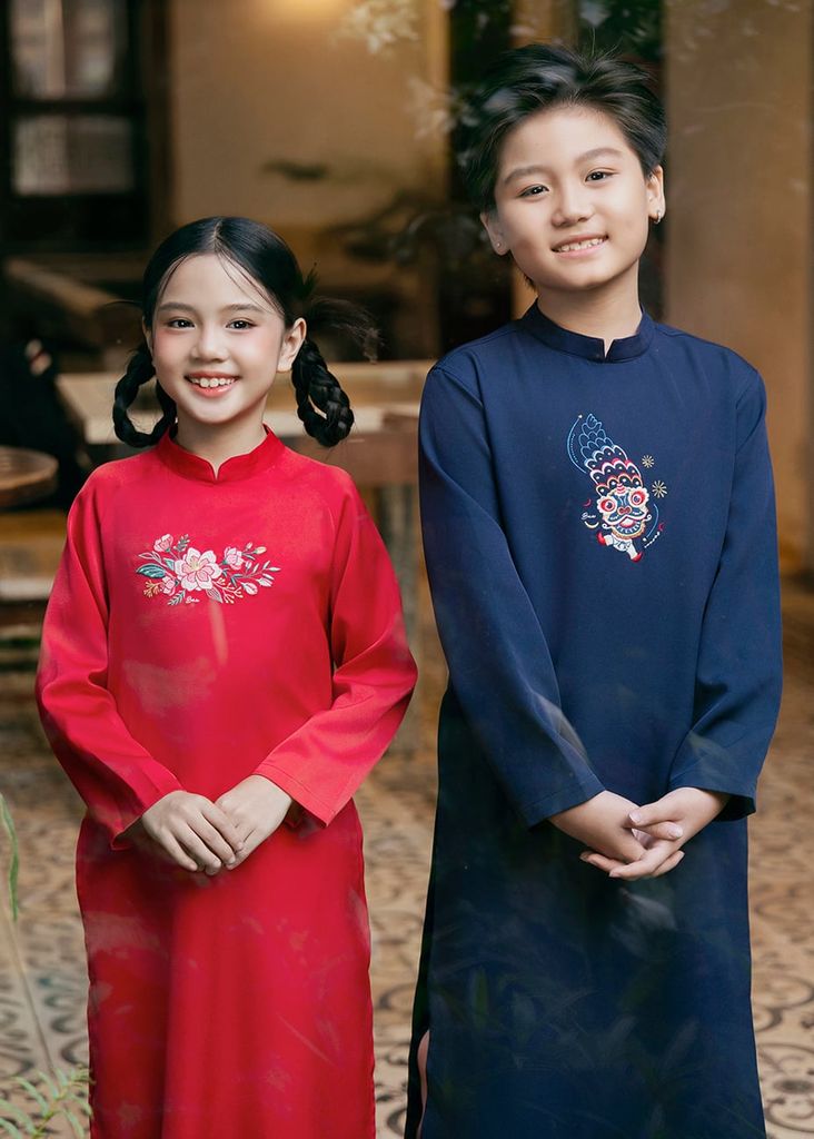 Set Áo Dài Thêu Cao Cấp Bé Trai Xanh Múa Lân