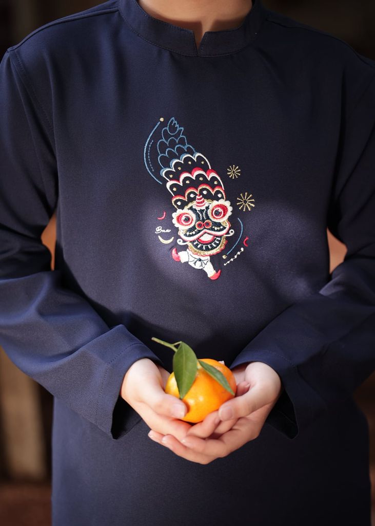 Set Áo Dài Thêu Cao Cấp Bé Trai Xanh Múa Lân