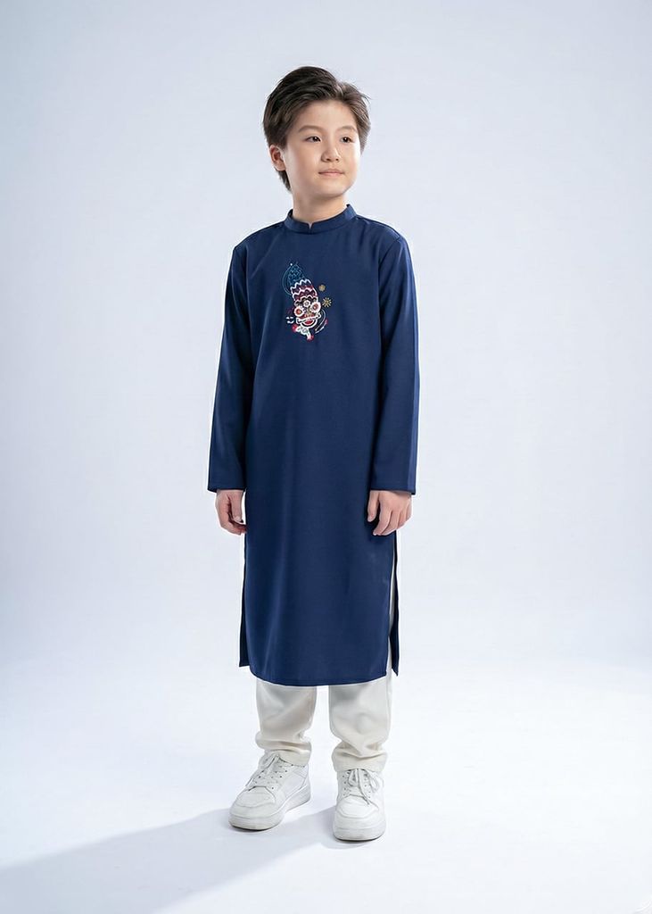 Set Áo Dài Thêu Cao Cấp Bé Trai Xanh Múa Lân