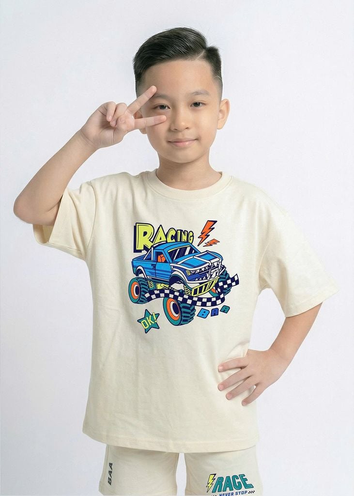 Set Áo Form Rộng Bé Trai & Quần Short 230gsm Kem Xe Đua