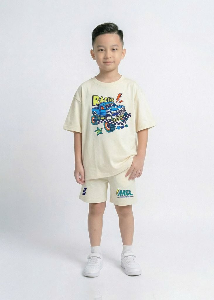 Set Áo Form Rộng Bé Trai & Quần Short 230gsm Kem Xe Đua
