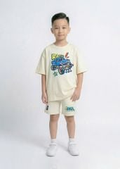 Set Áo Form Rộng Bé Trai & Quần Short 230gsm Kem Xe Đua