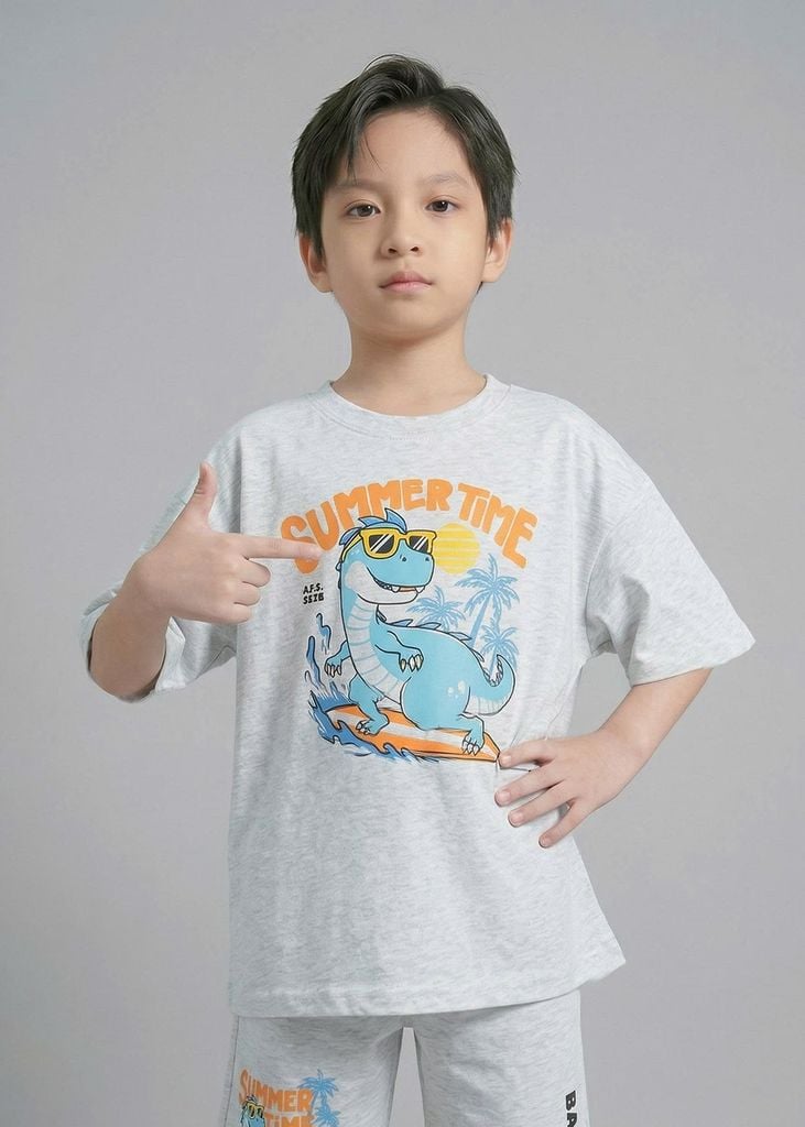 Set Áo Form Rộng Bé Trai & Quần Short 230gsm Xám Melange Khủng Long