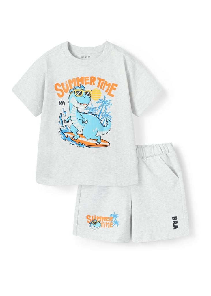 Set Áo Form Rộng Bé Trai & Quần Short 230gsm Xám Melange Khủng Long