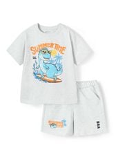 Set Áo Form Rộng Bé Trai & Quần Short 230gsm Xám Melange Khủng Long