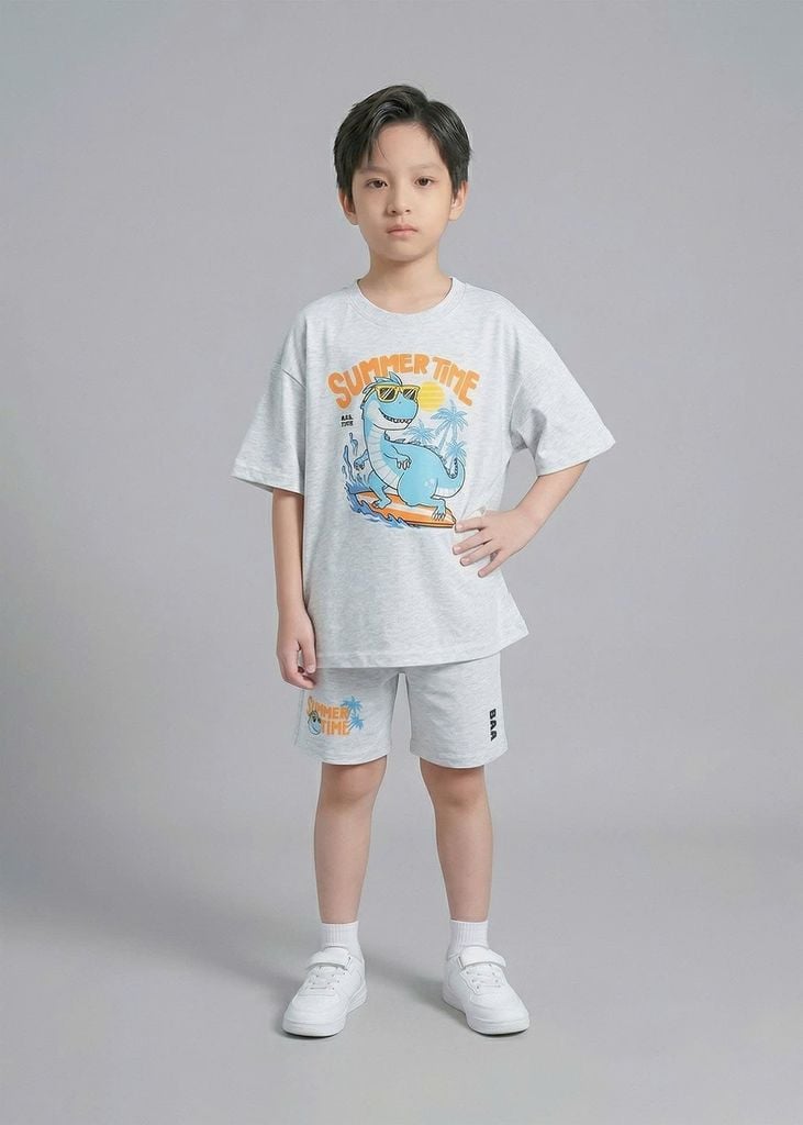 Set Áo Form Rộng Bé Trai & Quần Short 230gsm Xám Melange Khủng Long
