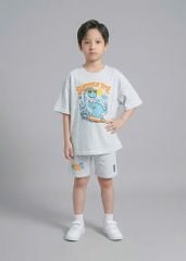 Set Áo Form Rộng Bé Trai & Quần Short 230gsm Xám Melange Khủng Long