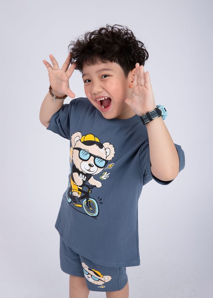 Set Áo Form Rộng Bé Trai & Quần Short 230gsm Xanh Gấu