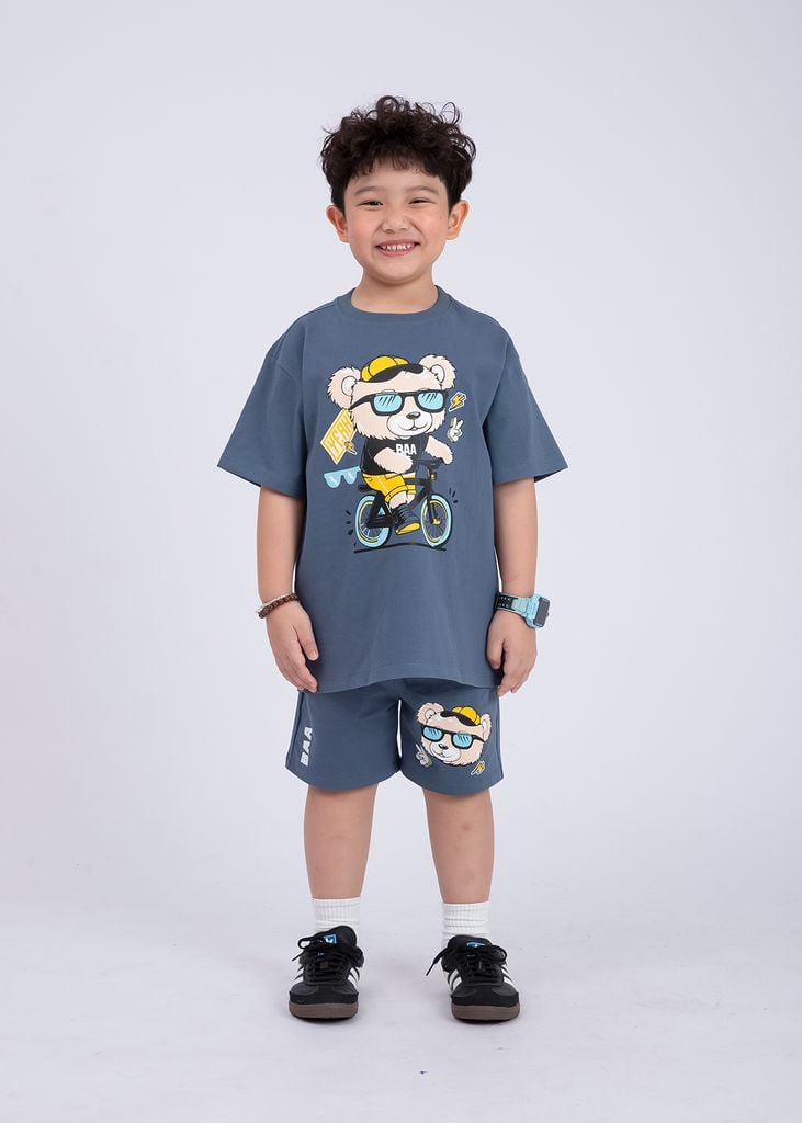 Set Áo Form Rộng Bé Trai & Quần Short 230gsm Xanh Gấu