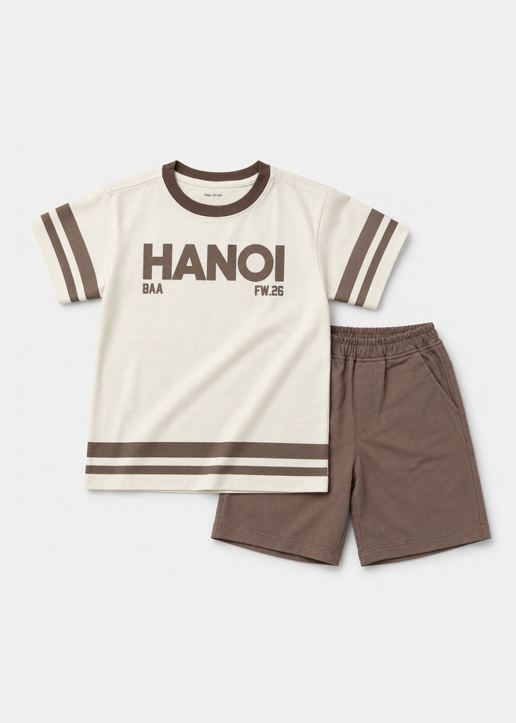 Set Áo Form Rộng Bé Trai & Quần Short Kem Phối Nâu Hanoi