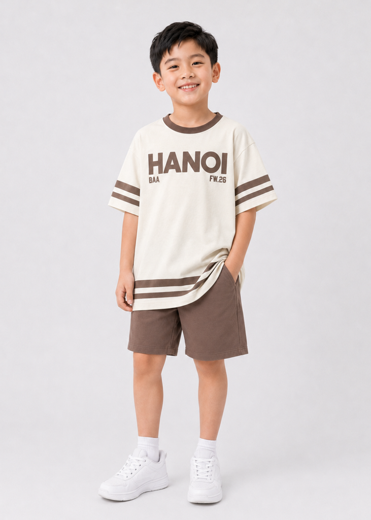 Set Áo Form Rộng Bé Trai & Quần Short Kem Phối Nâu Hanoi