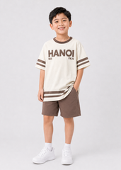 Set Áo Form Rộng Bé Trai & Quần Short Kem Phối Nâu Hanoi