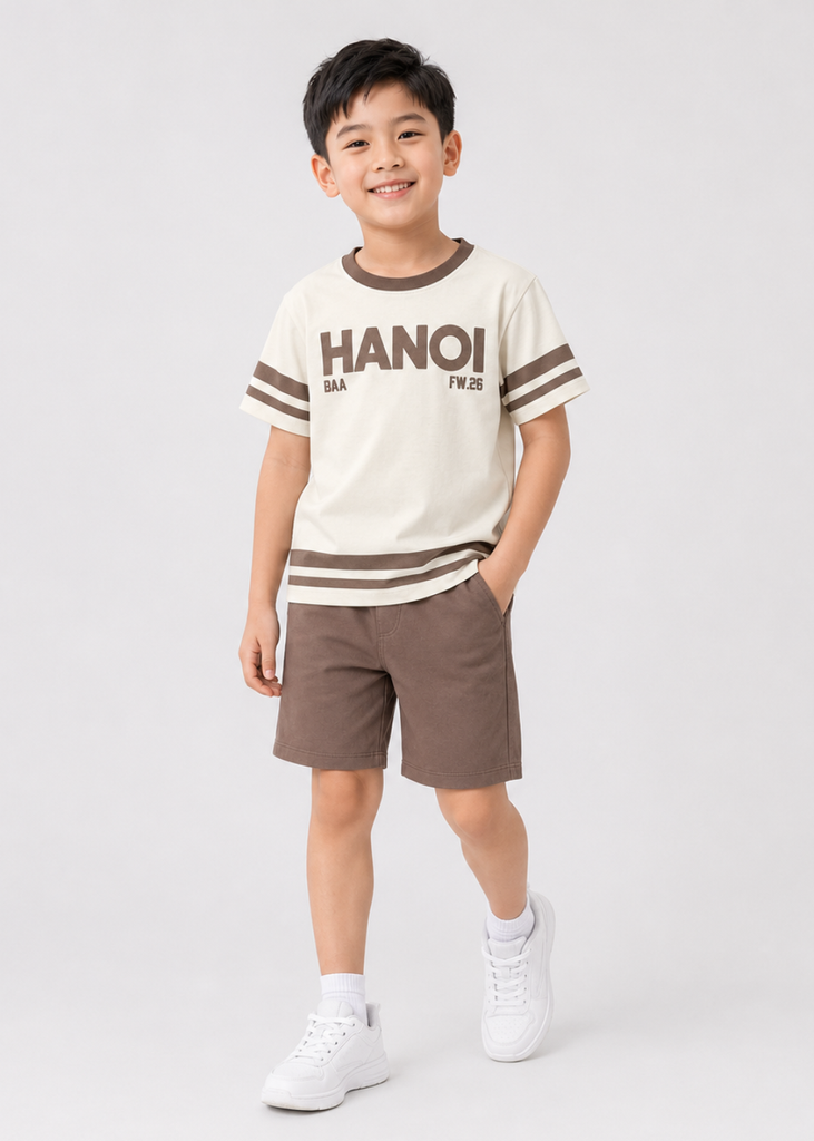 Set Áo Form Rộng Bé Trai & Quần Short Kem Phối Nâu Hanoi