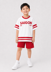 Set Áo Form Rộng Bé Trai & Quần Short Trắng Phối Đỏ Saigon