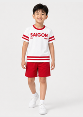 Set Áo Form Rộng Bé Trai & Quần Short Trắng Phối Đỏ Saigon