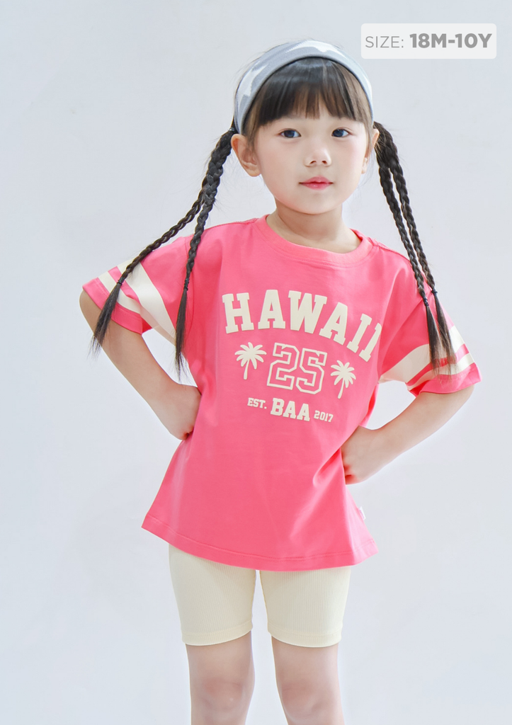 Set Áo Form Rộng & Quần Biker Bé Gái Hồng Hawaii Phối Kem