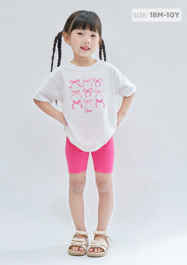 Set Áo Form Rộng & Quần Biker Bé Gái Trắng Nơ Phối Hồng