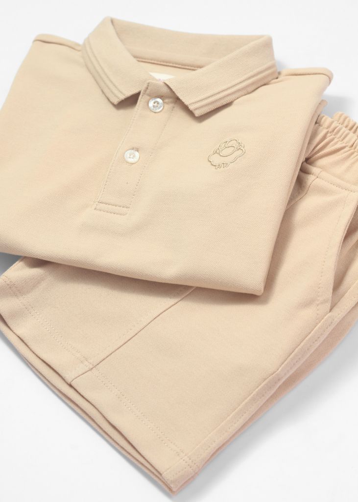 Set Polo Bé Trai Cổ Dệt Be Thêu Logo