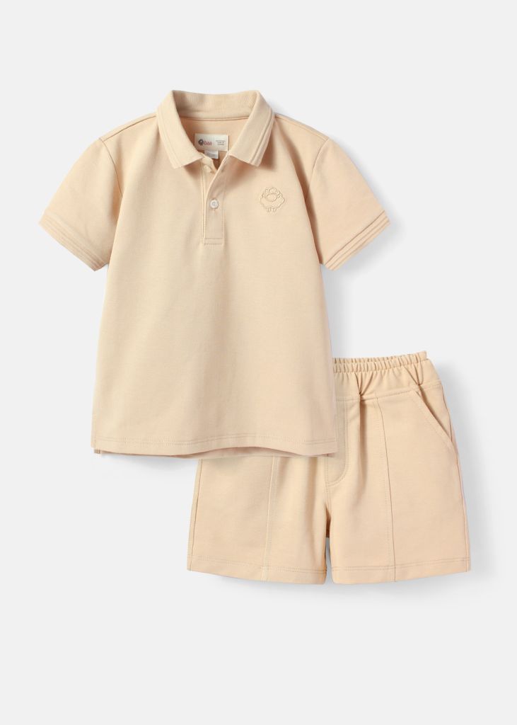 Set Polo Bé Trai Cổ Dệt Be Thêu Logo