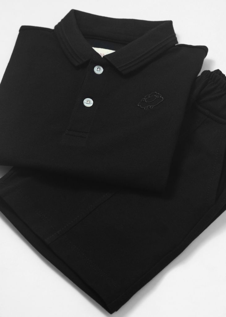 Set Polo Bé Trai Cổ Dệt Đen Thêu Logo