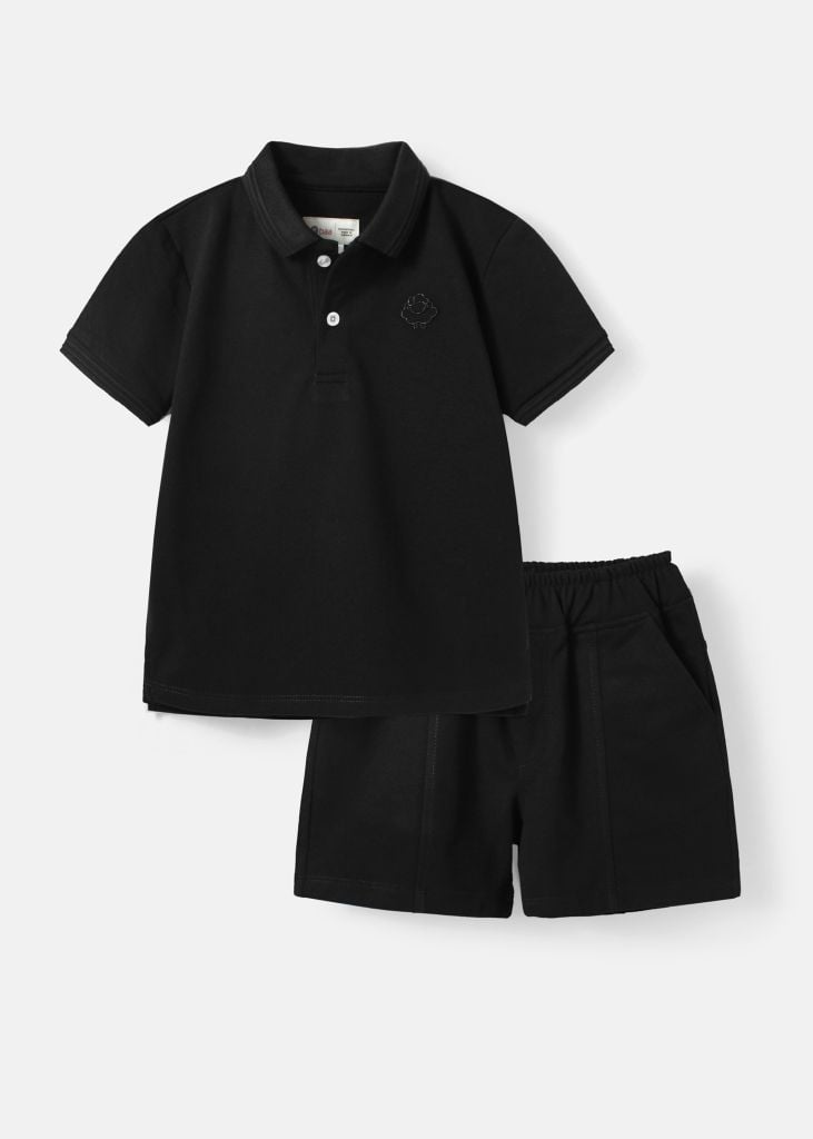 Set Polo Bé Trai Cổ Dệt Đen Thêu Logo
