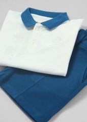 Set Polo Bé Trai Cổ Dệt Xanh Phối Trắng Thêu Logo