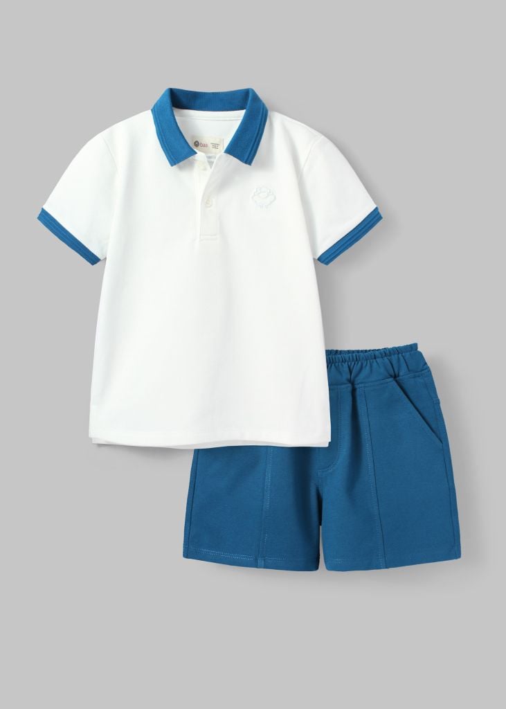 Set Polo Bé Trai Cổ Dệt Xanh Phối Trắng Thêu Logo