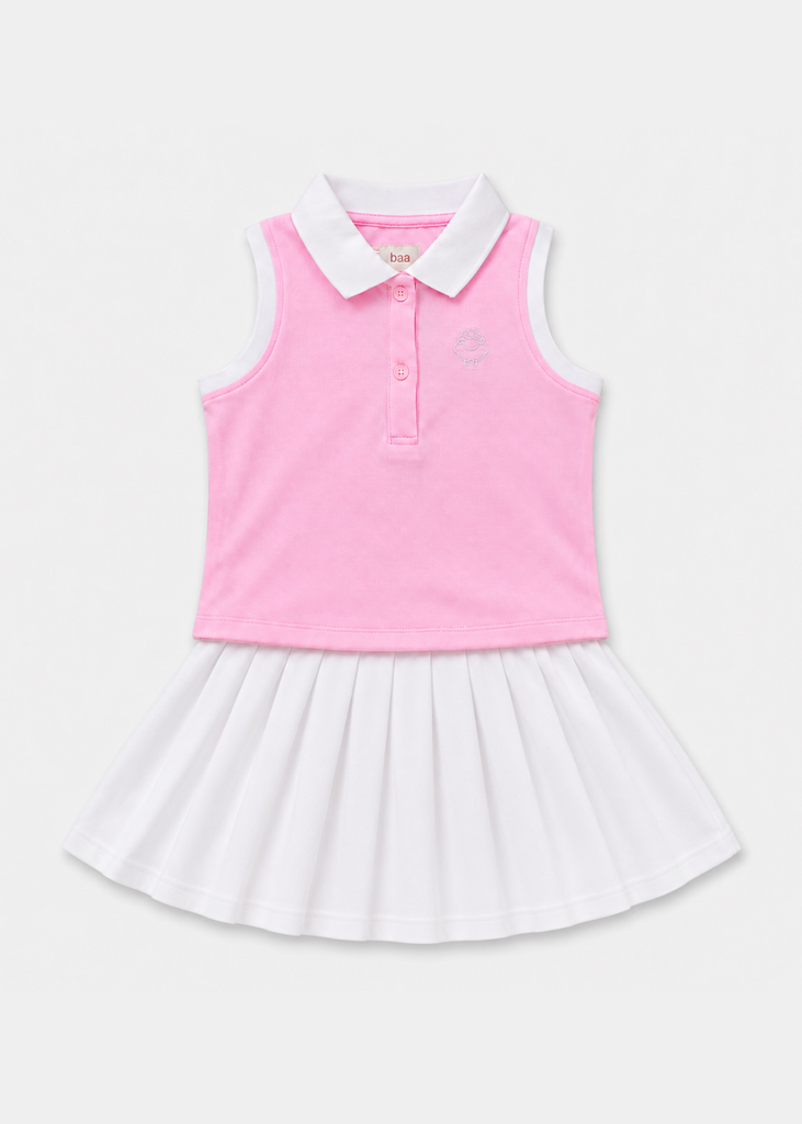 Set Polo Cộc Tay & Chân Váy Xếp Ly Bé Gái Hồng Phối Trắng 03