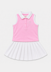 Set Polo Cộc Tay & Chân Váy Xếp Ly Bé Gái Hồng Phối Trắng 03