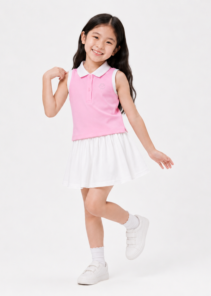Set Polo Cộc Tay & Chân Váy Xếp Ly Bé Gái Hồng Phối Trắng 03