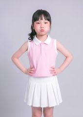 Set Polo Cộc Tay & Chân Váy Xếp Ly Bé Gái Hồng Phối Trắng Thêu Logo 02