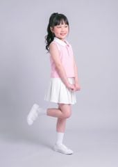 Set Polo Cộc Tay & Chân Váy Xếp Ly Bé Gái Hồng Phối Trắng Thêu Logo 02