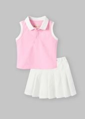 Set Polo Cộc Tay & Chân Váy Xếp Ly Bé Gái Hồng Phối Trắng Thêu Logo 02