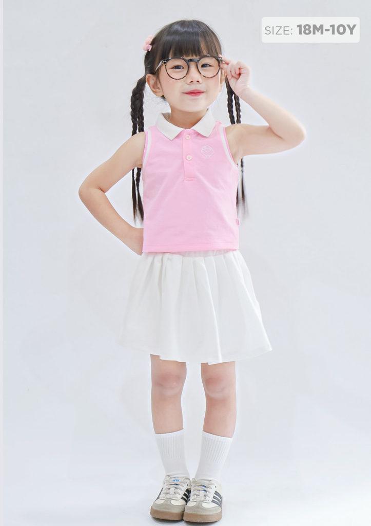 Set Polo Cộc Tay & Chân Váy Xếp Ly Bé Gái Hồng Phối Trắng Thêu Logo