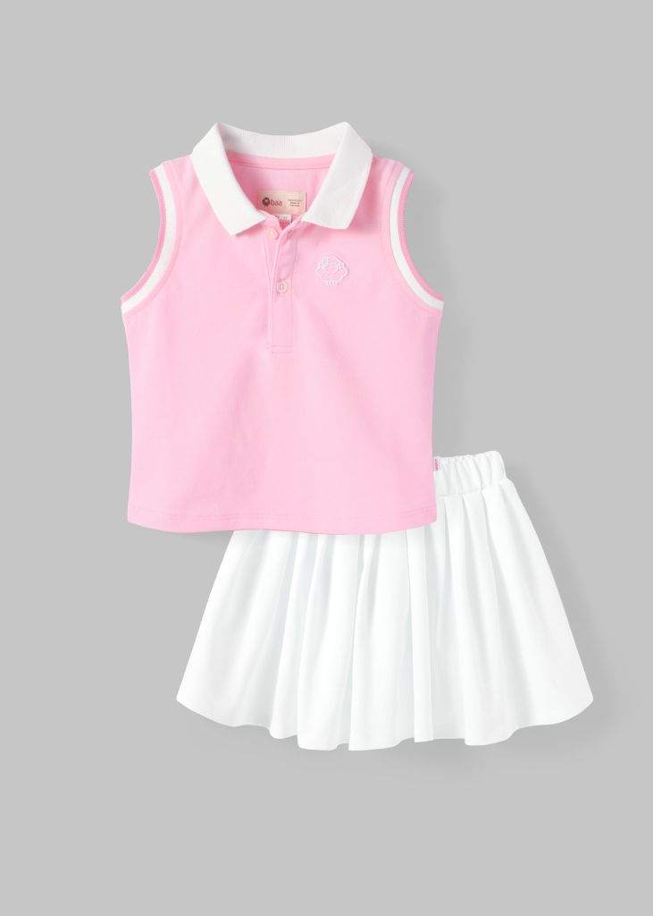 Set Polo Cộc Tay & Chân Váy Xếp Ly Bé Gái Hồng Phối Trắng Thêu Logo