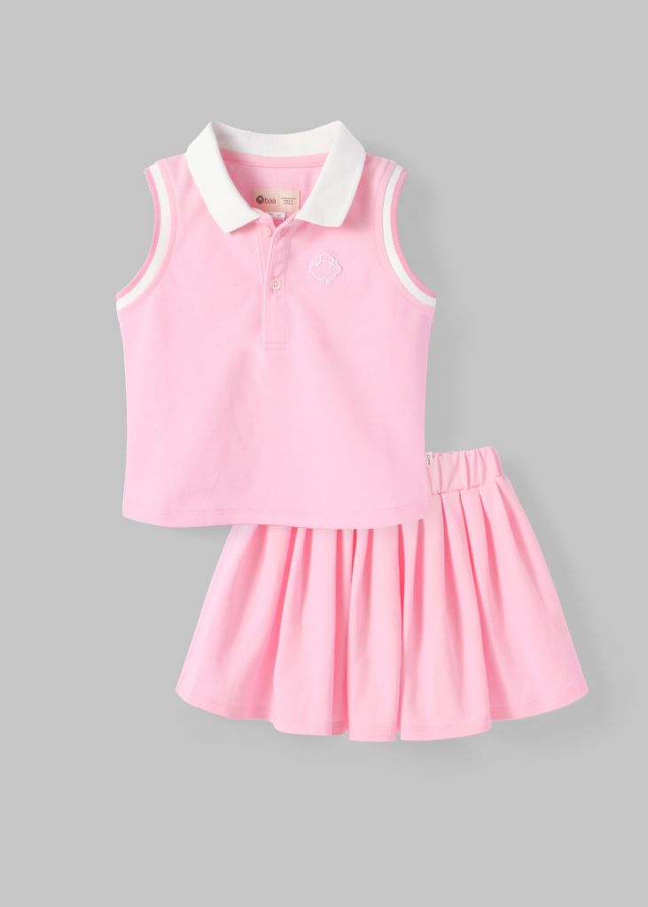 Set Polo Cộc Tay & Chân Váy Xếp Ly Bé Gái Hồng Thêu Logo