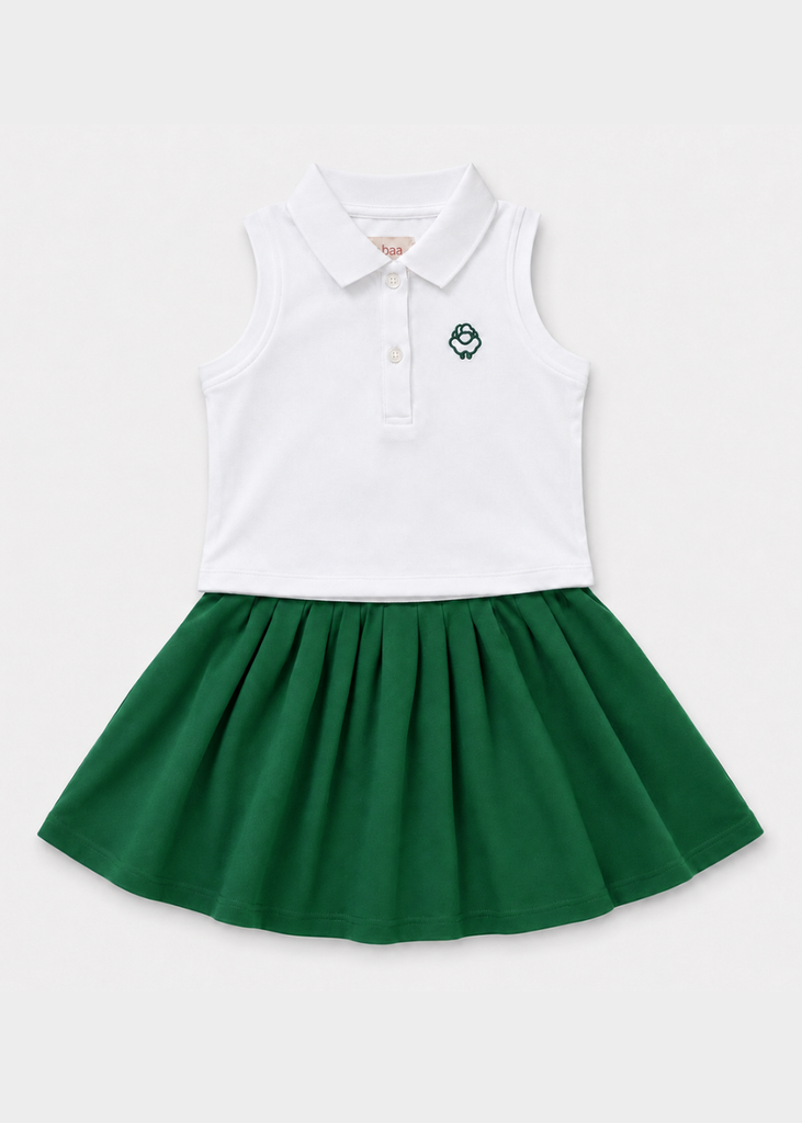 Set Polo Cộc Tay & Chân Váy Xếp Ly Bé Gái Trắng Phối Xanh Lá