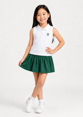 Set Polo Cộc Tay & Chân Váy Xếp Ly Bé Gái Trắng Phối Xanh Lá