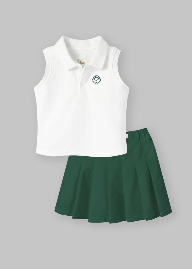 Set Polo Cộc Tay & Chân Váy Xếp Ly Bé Gái Trắng Phối Xanh Thêu Logo 02