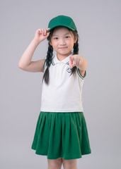 Set Polo Cộc Tay & Chân Váy Xếp Ly Bé Gái Trắng Phối Xanh Thêu Logo