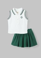 Set Polo Cộc Tay & Chân Váy Xếp Ly Bé Gái Trắng Phối Xanh Thêu Logo