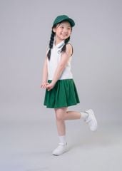 Set Polo Cộc Tay & Chân Váy Xếp Ly Bé Gái Trắng Phối Xanh Thêu Logo