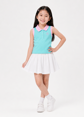 Set Polo Cộc Tay & Chân Váy Xếp Ly Bé Gái Xanh Phối Trắng 02