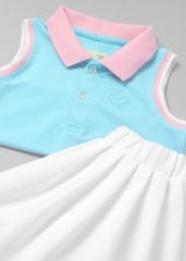 Set Polo Cộc Tay & Chân Váy Xếp Ly Bé Gái Xanh Phối Trắng