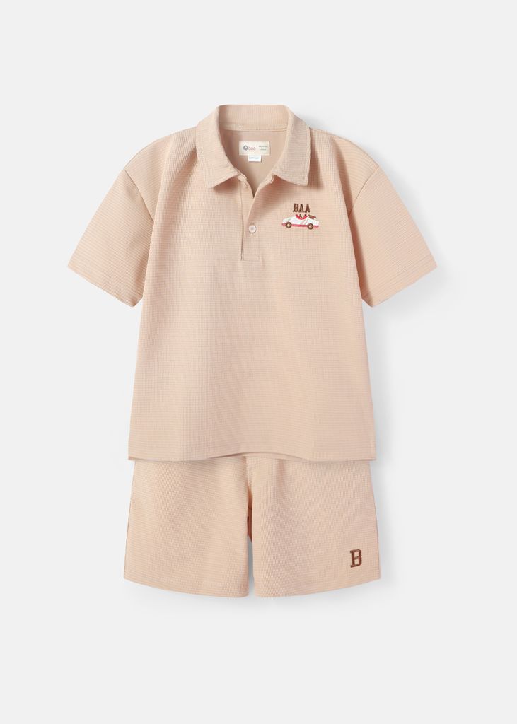 Set Polo Form Rộng Bé Trai Nâu Thêu Xe Đua