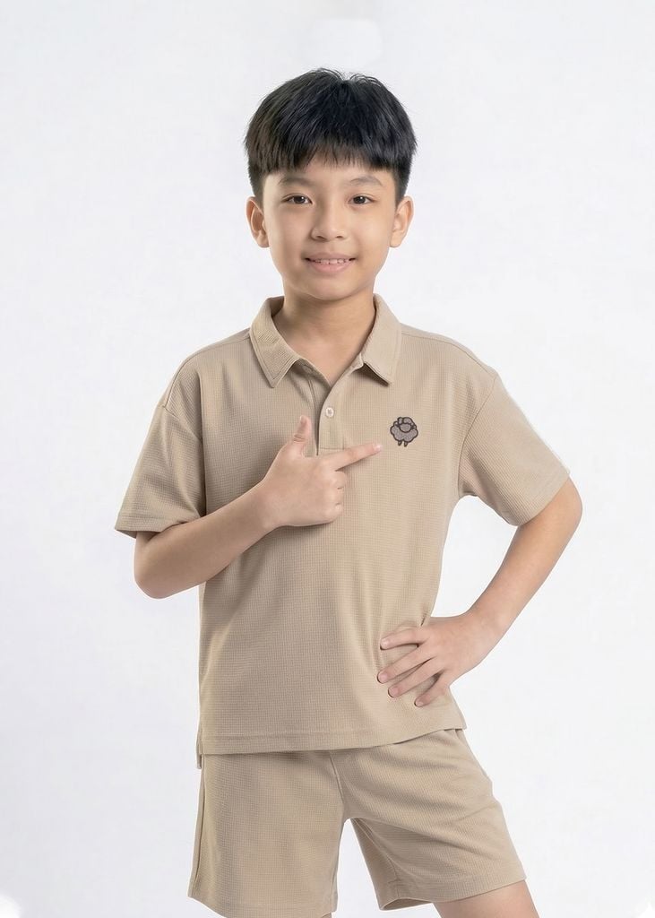 Set Polo Form Rộng Bé Trai Siêu Nhẹ Ultra Light Nâu Nhạt