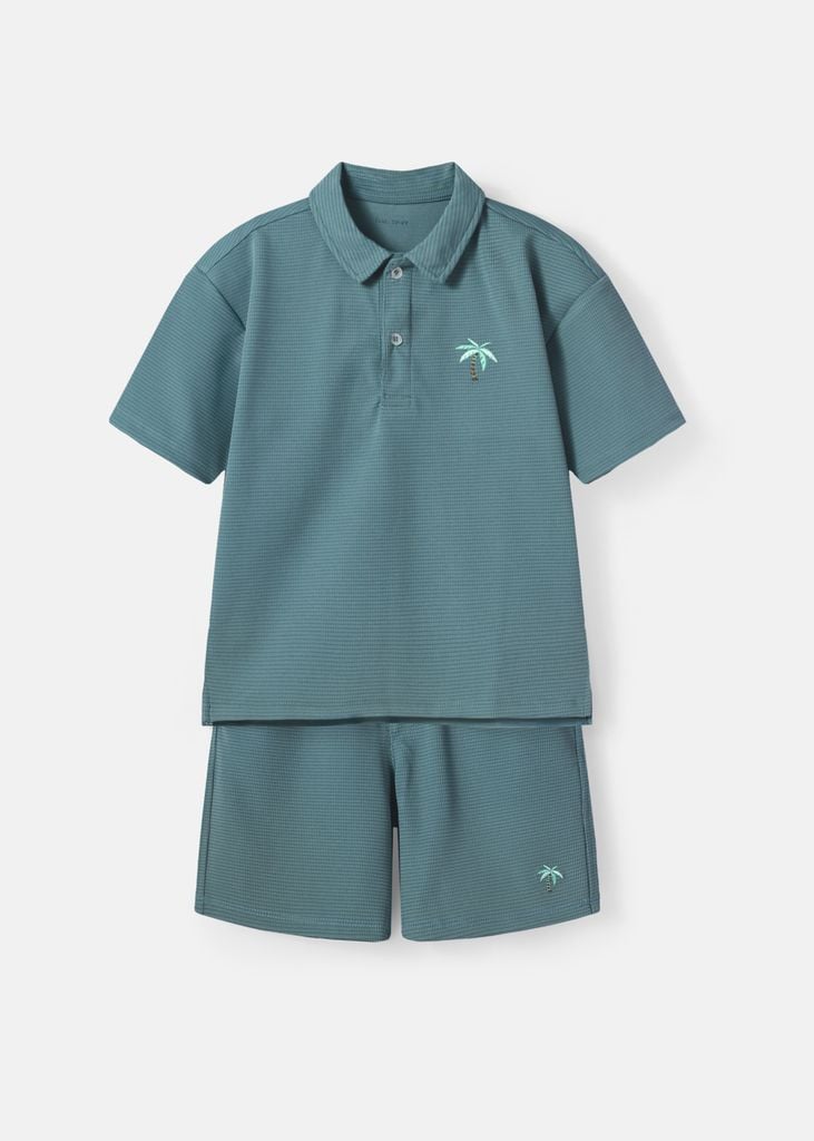 Set Polo Form Rộng Bé Trai Xanh Teal Thêu Cây Dừa