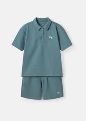 Set Polo Form Rộng Bé Trai Xanh Teal Thêu Cây Dừa